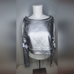 Norma Kamali Size L Chic Cropped Silver Metallic Women's Sweatshirt